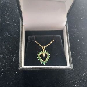14k gold necklace, emerald heart. 1.5mm emeralds, 2point diamond. 16in 14k chain
